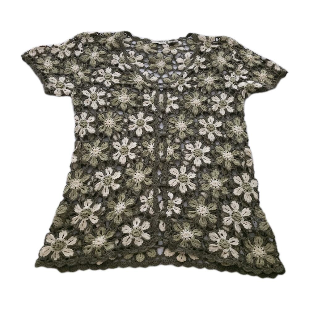 VTG Floral Crochet Button Up Top Large Cottage Cardigan Hippie 90s Y2K Granny